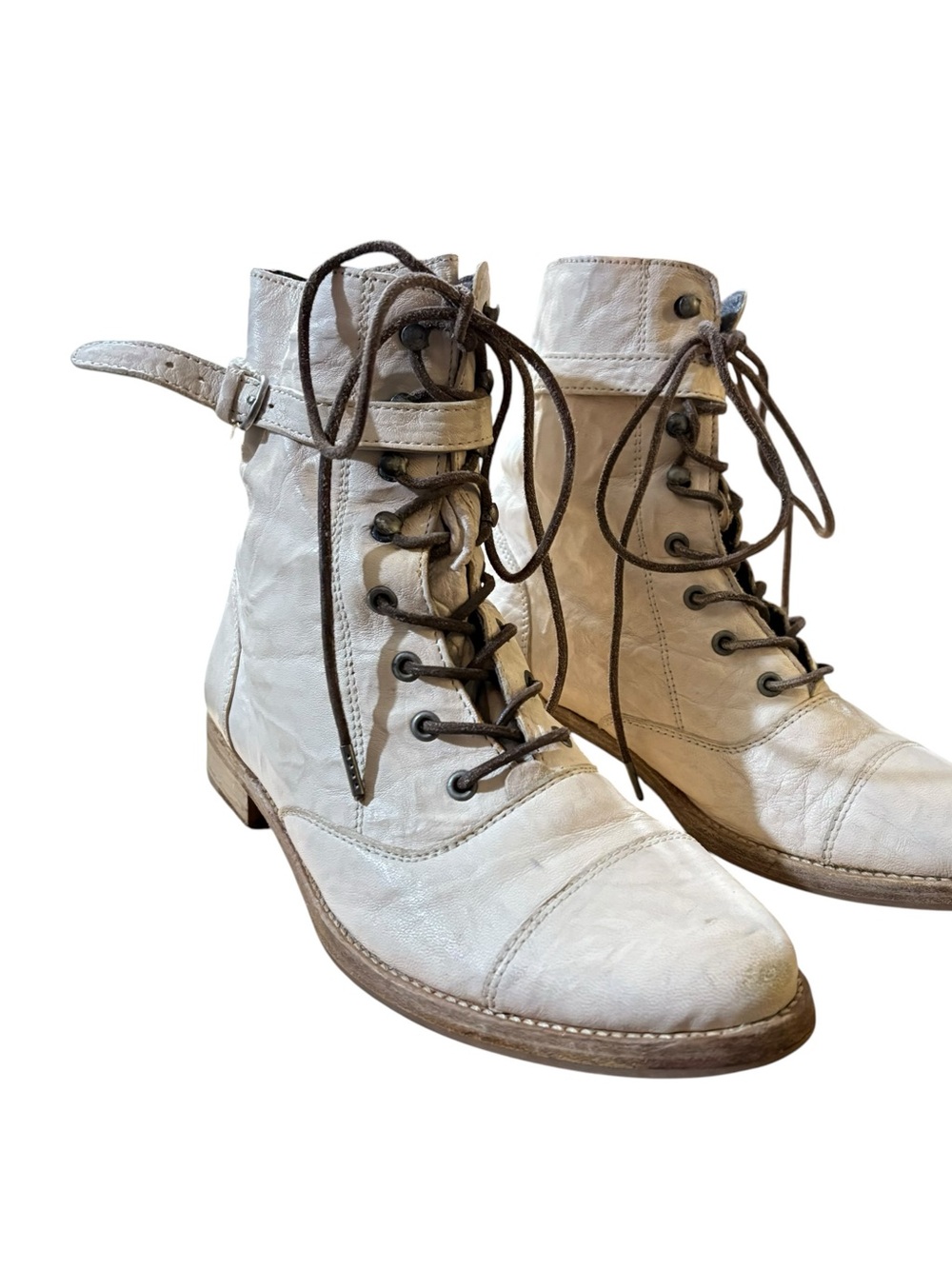All Saints Cream Leather Lace-Up Ankle Boots with Brown Laces
